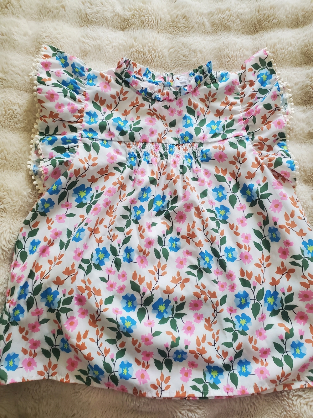 THML White Floral Ruffle Sleeve Blouse with Blue, Pink & Green Flowers